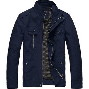 Wantdo Men's Cotton Lightweight Jacket Military Jacket Front Zip Jacket-Navy